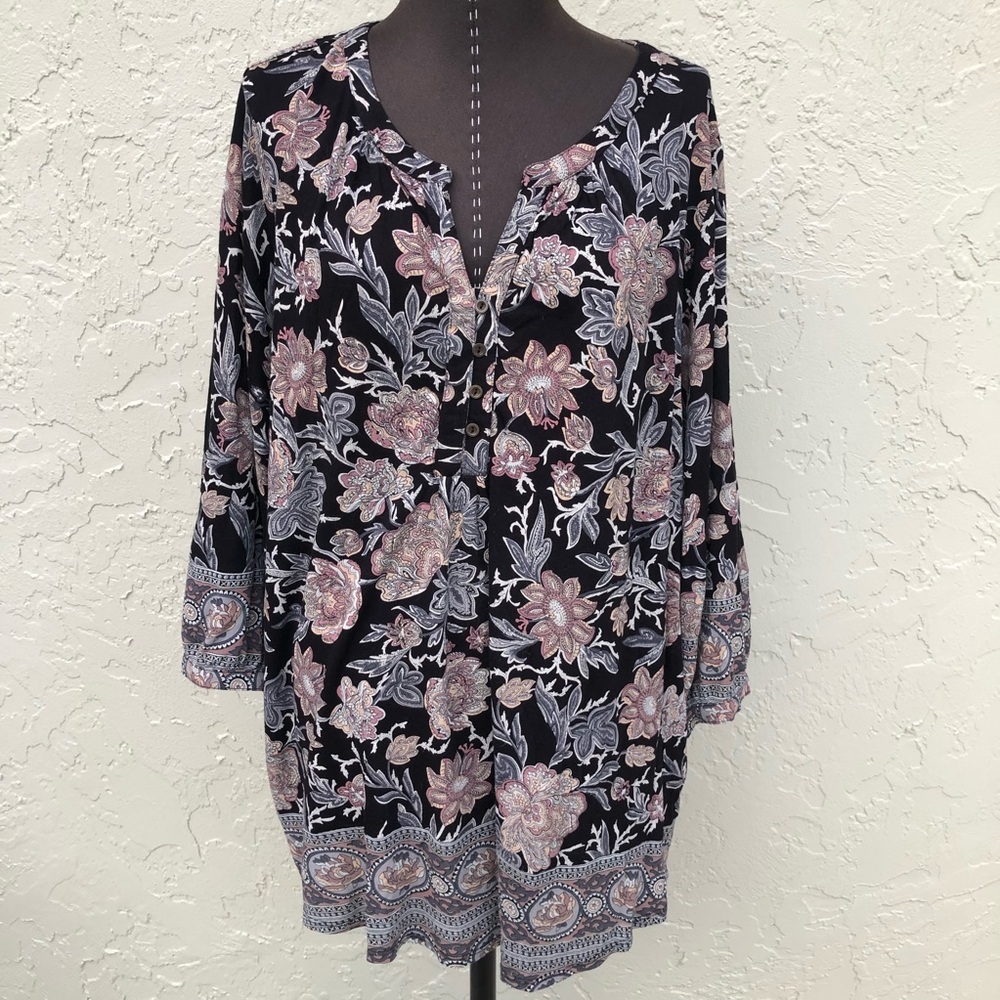 Lucky Brand tunic top floral print women’s curvy size 2x black boho gorgeous